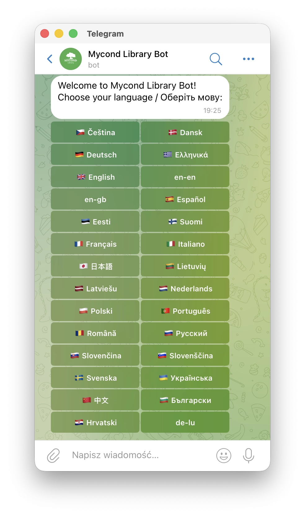 Bot Mycond Telegram — wybór języka w bibliotece materiałów marketingowych i technicznych