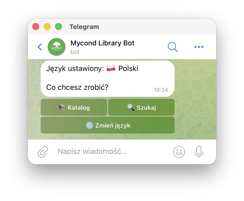 Bot Mycond Telegram — menu główne biblioteki materiałów marketingowych i technicznych