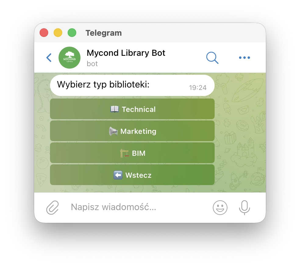 Bot Mycond Telegram — wybór typu biblioteki materiałów marketingowych i technicznych