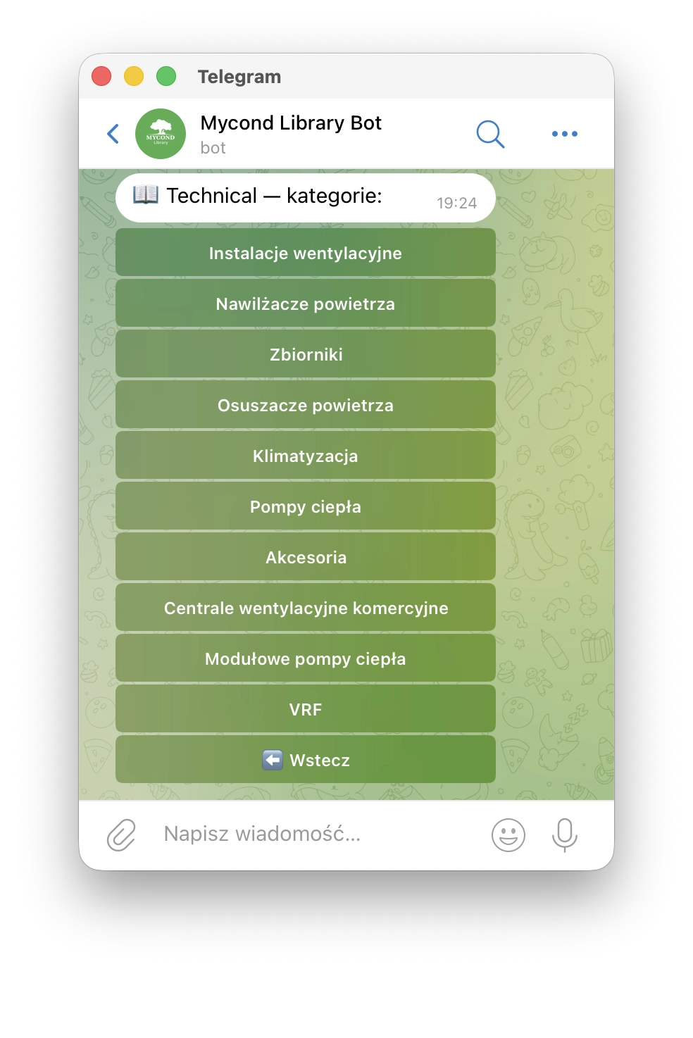 Bot Mycond Telegram — wybór kategorii materiałów marketingowych i technicznych