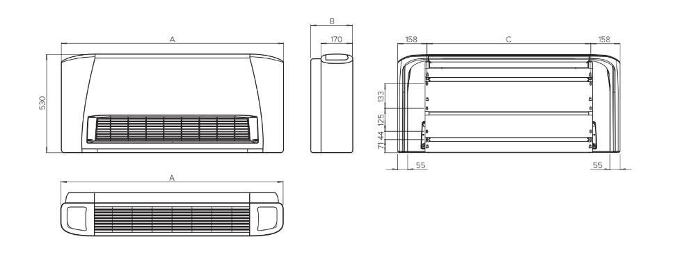 Diagram showing dimensions of MyCond SEC/F series fan coil units.