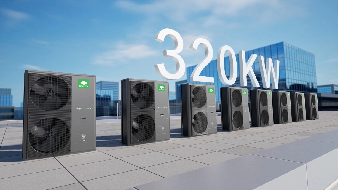 Mycond Aquaterra series &mdash; połączenie kaskadowe do 8 pomp ciepła zapewniające całkowitą moc grzewczą do 320 kW