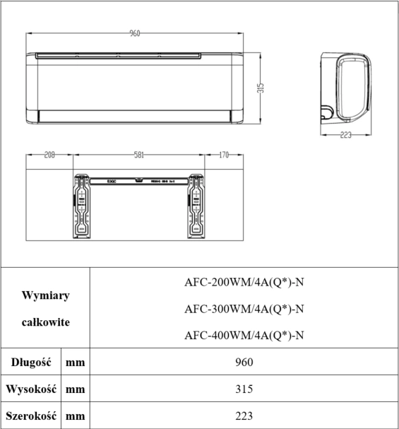 Klimakonwektory naścienne MHW Q wymiary całkowite 1