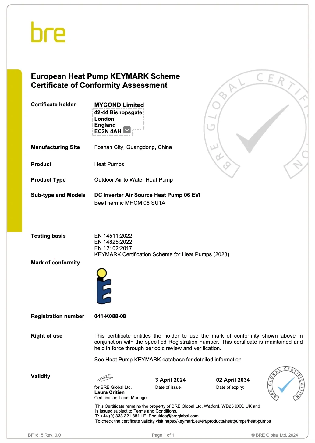 Certyfikat zgodności MyCond BeeThermic KEYMARK